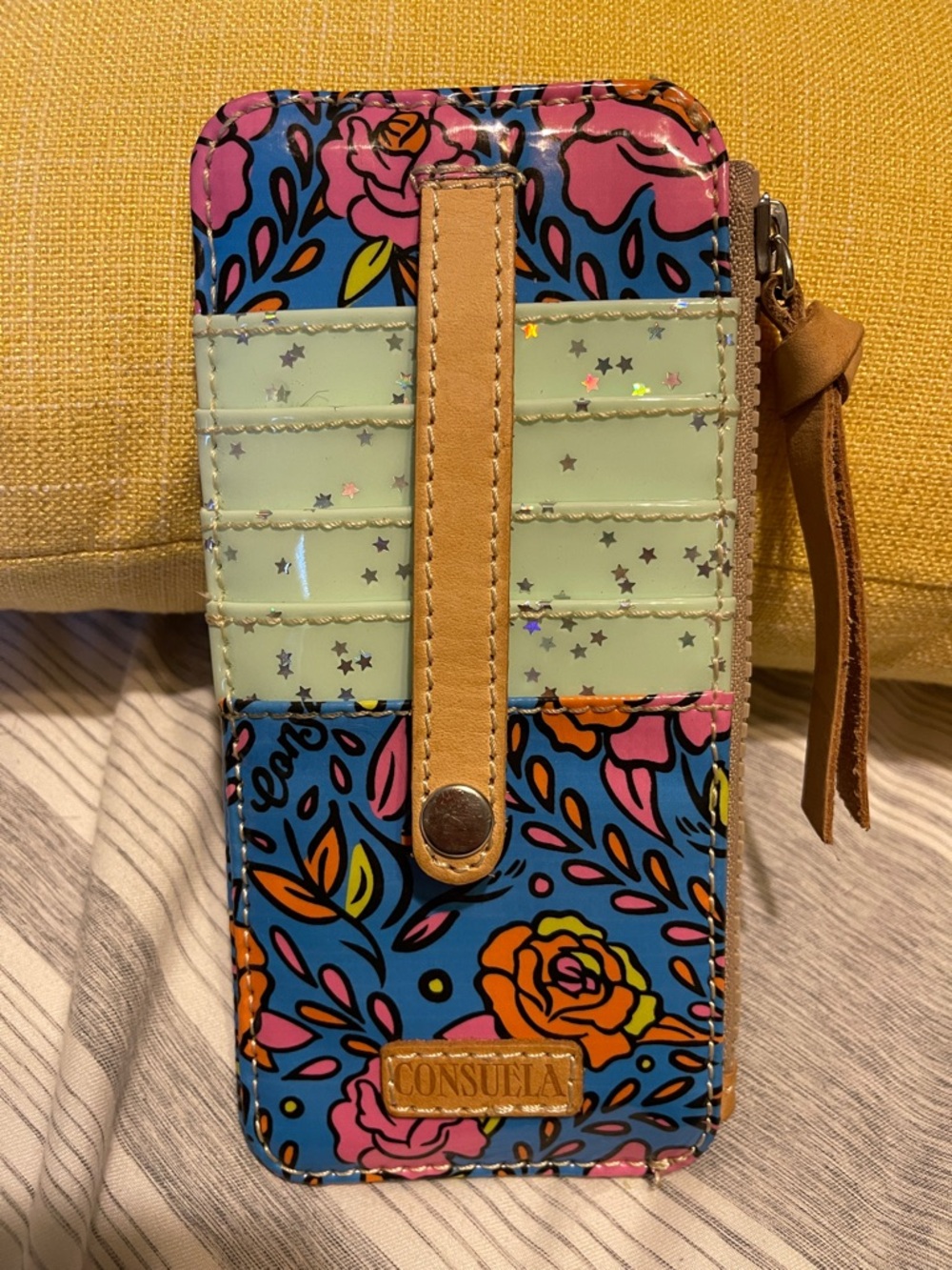 Consuela Blue Floral Card Wallet with Pink, Orange & Tan Accents
